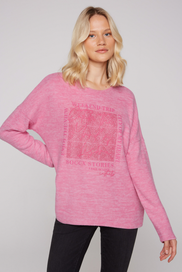 

SOCCX Flaušový svetr s tonovým třpytivým potiskem - happy pink mel, Šťastná růžová mel.