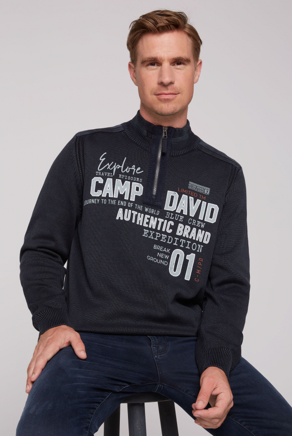 

CAMP DAVID Svetr se stojačkem, pasky a potisky loga - deep sea, Modrý