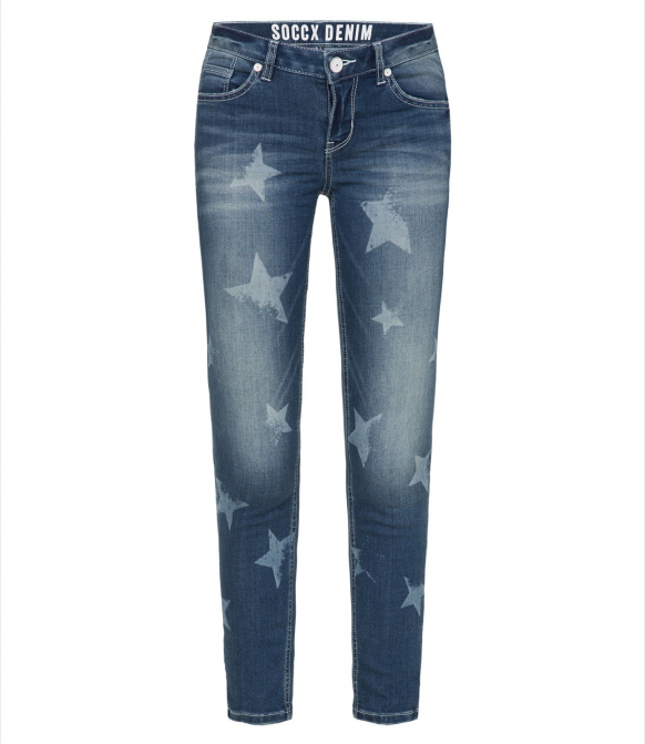 

SOCCX Slim fit džiny MI:RA s vybělenými hvězdami - star wash, Hvězdné mytí