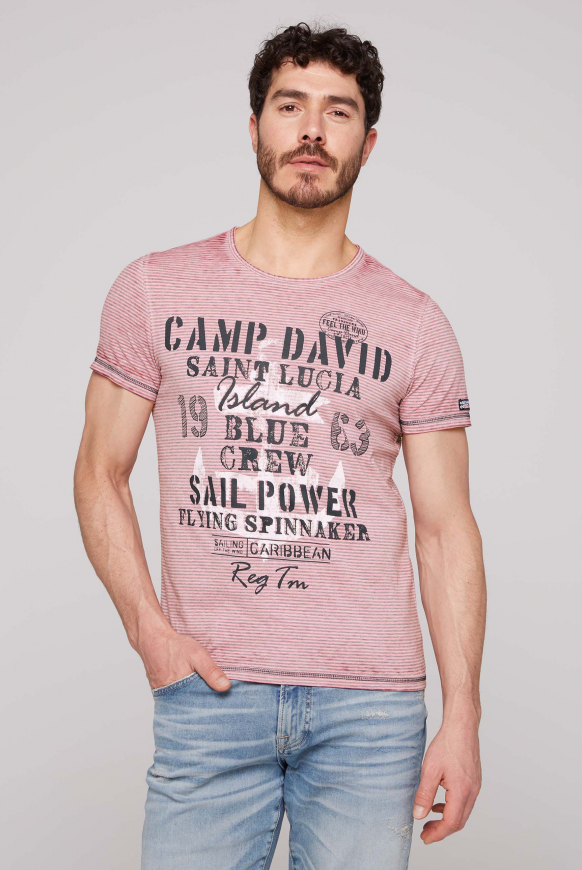 

CAMP DAVID Tričko s vypalovanými pruhy a potiskem - pink punch, Růžový punč