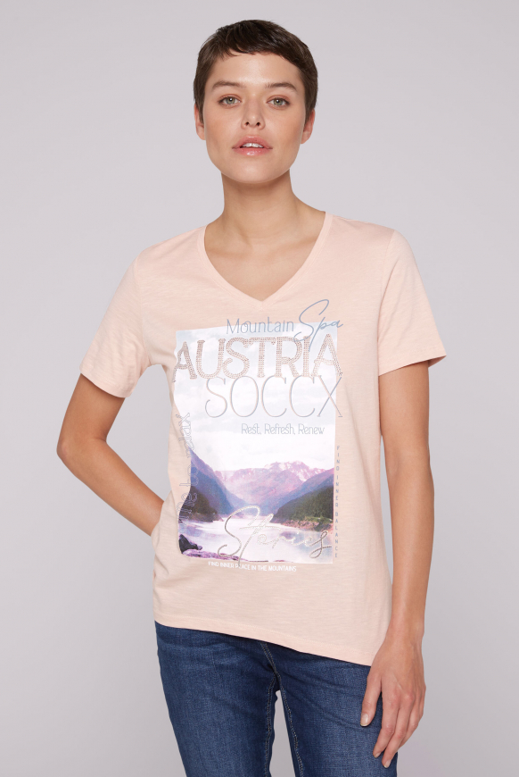 

SOCCX Tričko s výstřihem do V a foto potiskem - rose blush, Ruměnec růže