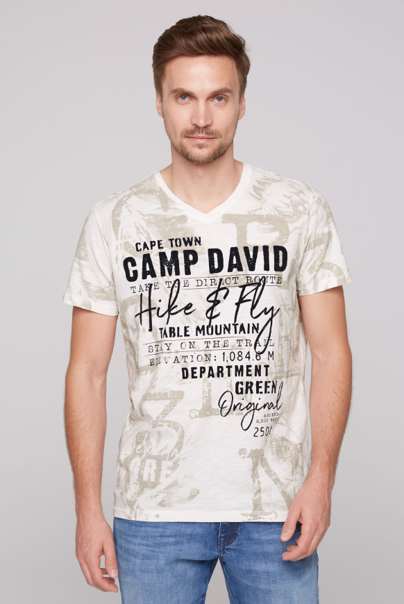 

CAMP DAVID Tričko  výstřihem do V a celoplošným potiskem - ivory, Bílý