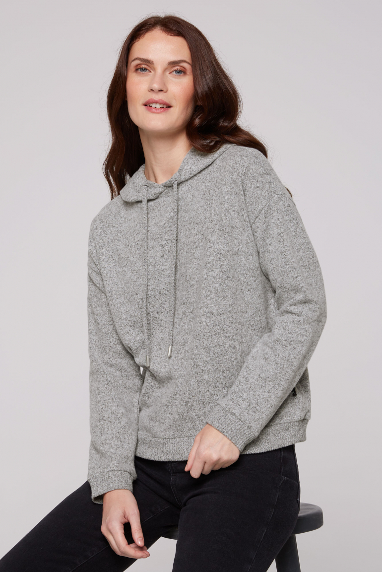

SOCCX Basic mikina s kapuci z flaušoveho upletu - grey melange, Šedý
