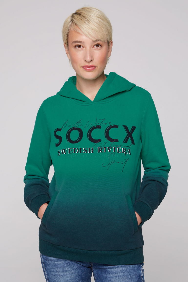 

SOCCX Mikina  barevným přechodem, kapuci a potiskem loga - bottle green, Lahvově zelená