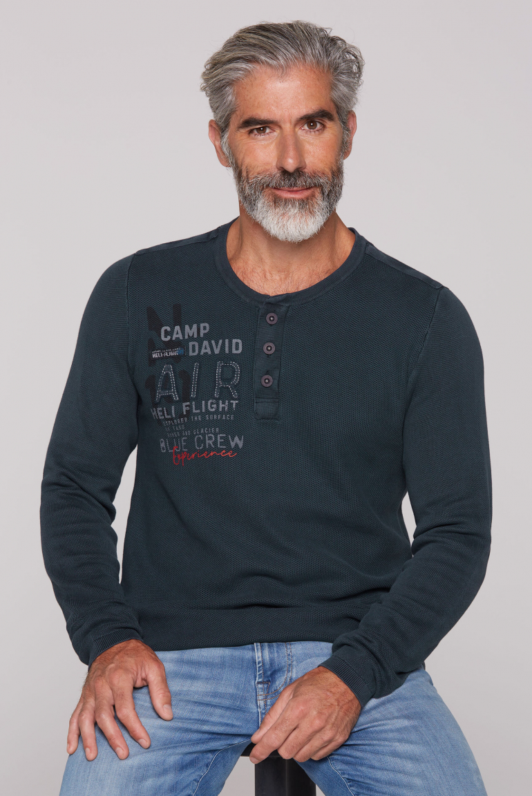 

CAMP DAVID Henley svetr v sepranem vzhledu - blue navy, Modrý