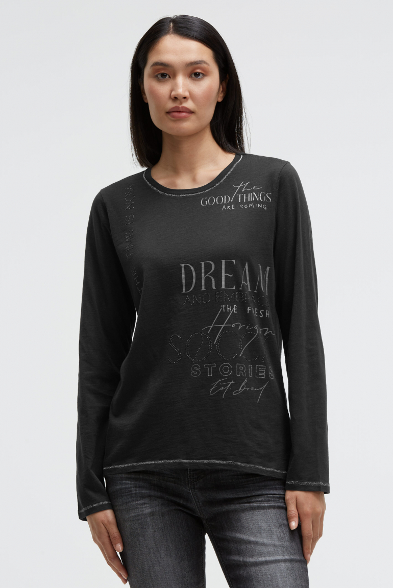 Tričko s dlouhým rukávem s potiskem a ozdobnými kamínky 