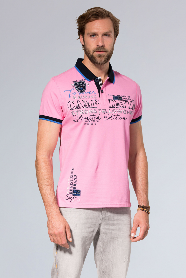 

CAMP DAVID Polo tričko z pike s artworky - pale pink, Světle růžová