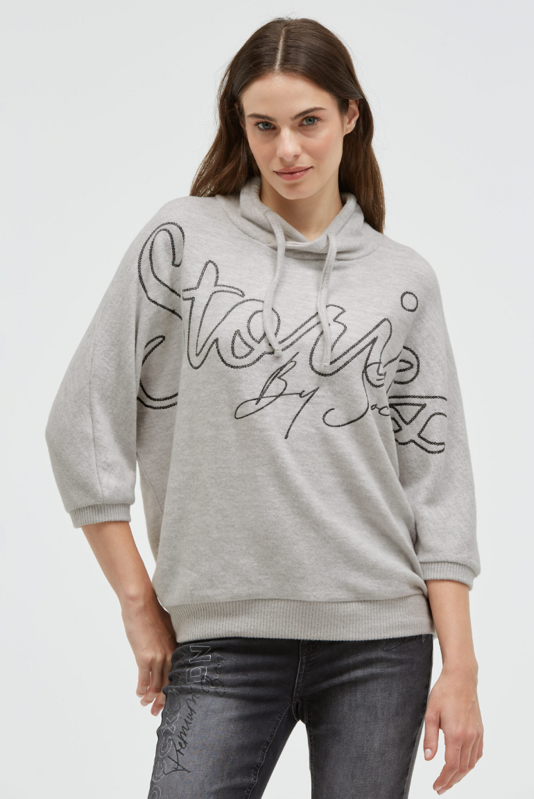 Svetr z flaušového úpletu s třpytivým potiskem 