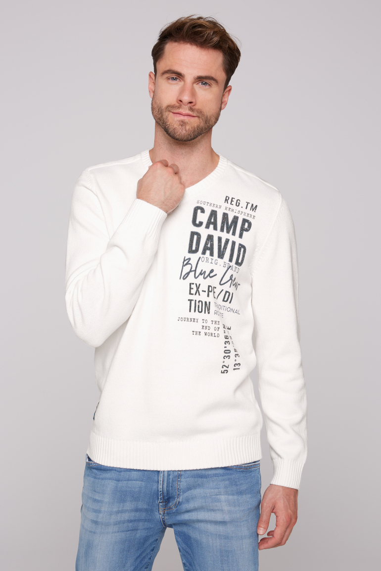 

CAMP DAVID Svetr s výstřihem do V a potisky loga - ivory, Slonovinový
