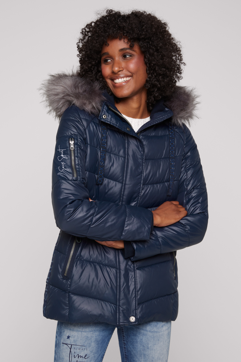 Winterjacke mit Kunstfellkragen und Logo-Tapes 