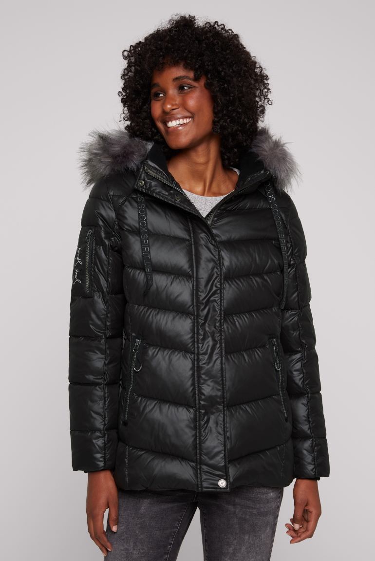 Winterjacke mit Kunstfellkragen und Logo-Tapes 
