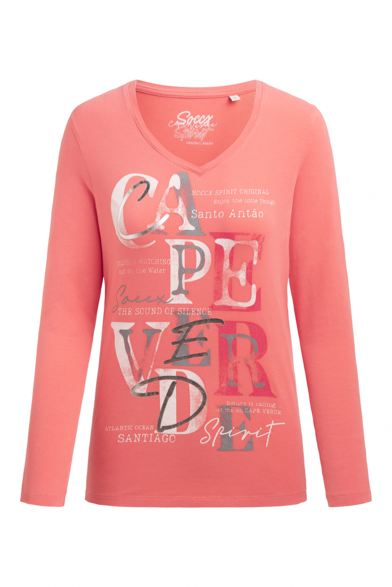 Tričko s dlouhým rukávem, výstřihem do V a tištěným nápisem 