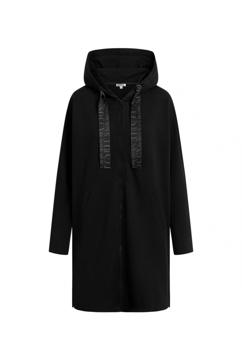 Dlouhá mikina s kapucí a potiskem na zádech 