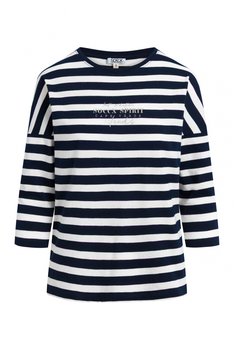 Pruhované tričko s potiskem na zádech a 3/4 rukávy 