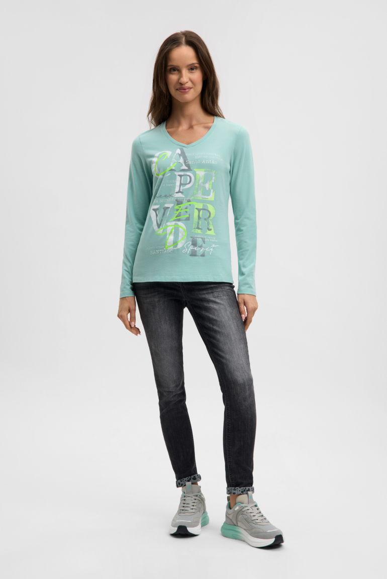 Tričko s dlouhým rukávem, výstřihem do V a tištěným nápisem