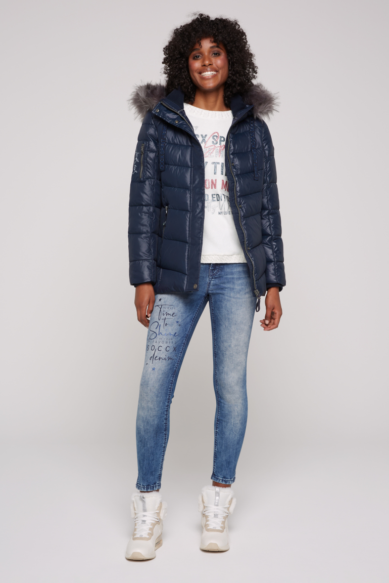 Winterjacke mit Kunstfellkragen und Logo-Tapes