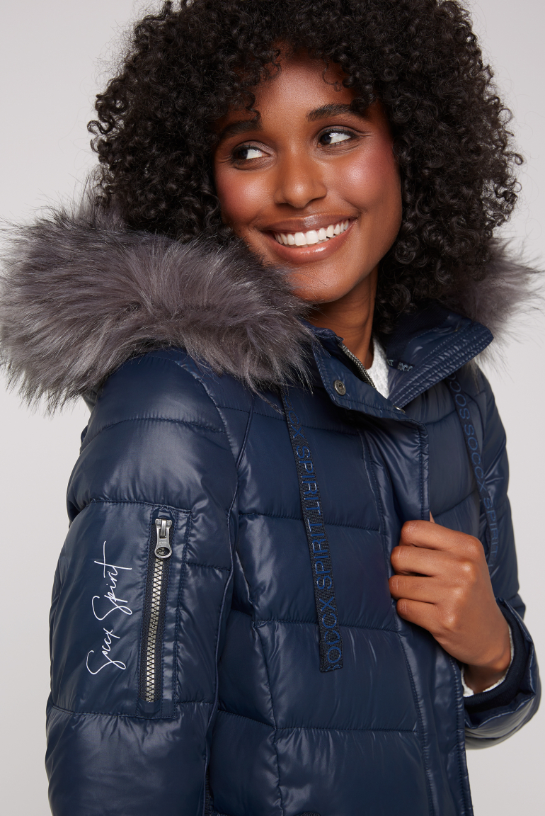 Winterjacke mit Kunstfellkragen und Logo-Tapes