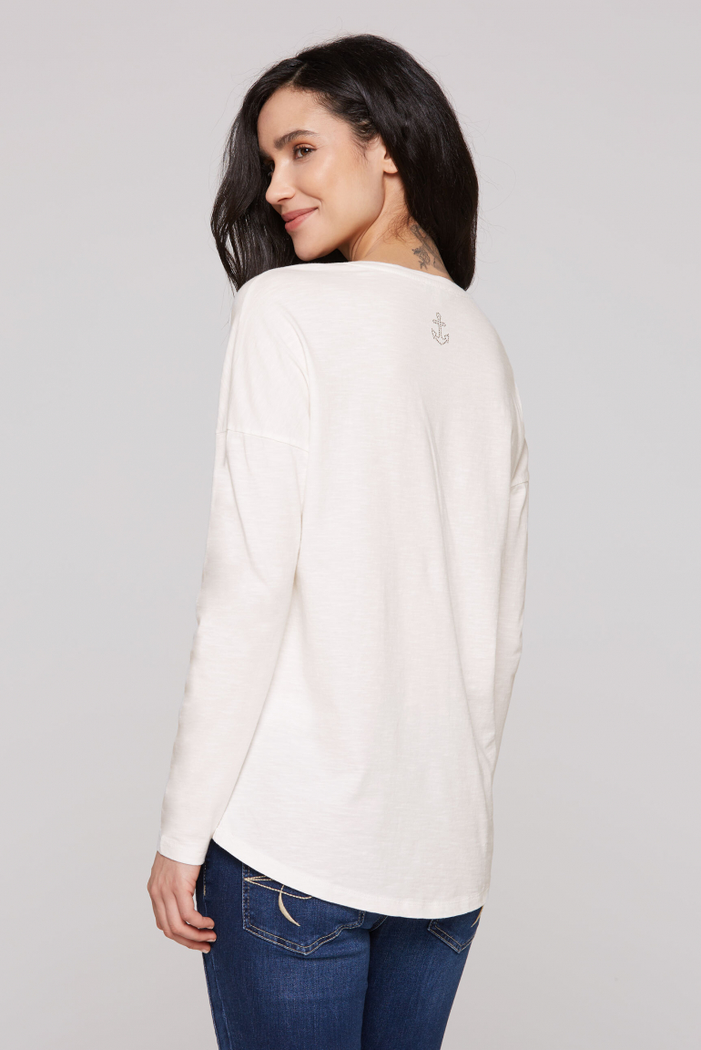 Tričko s dlouhým rukávem, výstřihem do V a potisky