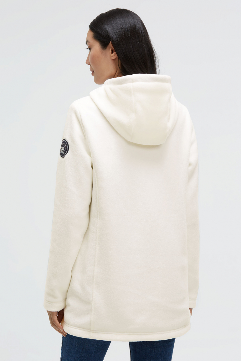 Dlouhá fleecová bunda s kapucí a nášivkou s logem