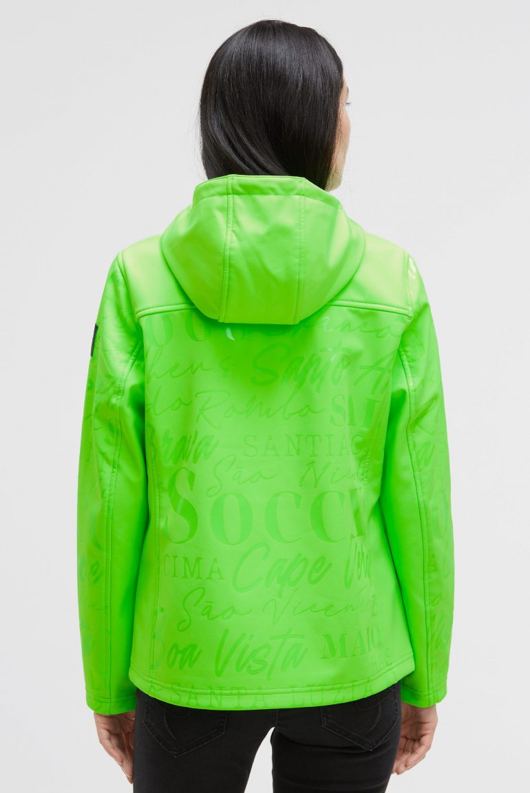 Softshellová bunda s kapucí a lesklým celoplošným potiskem