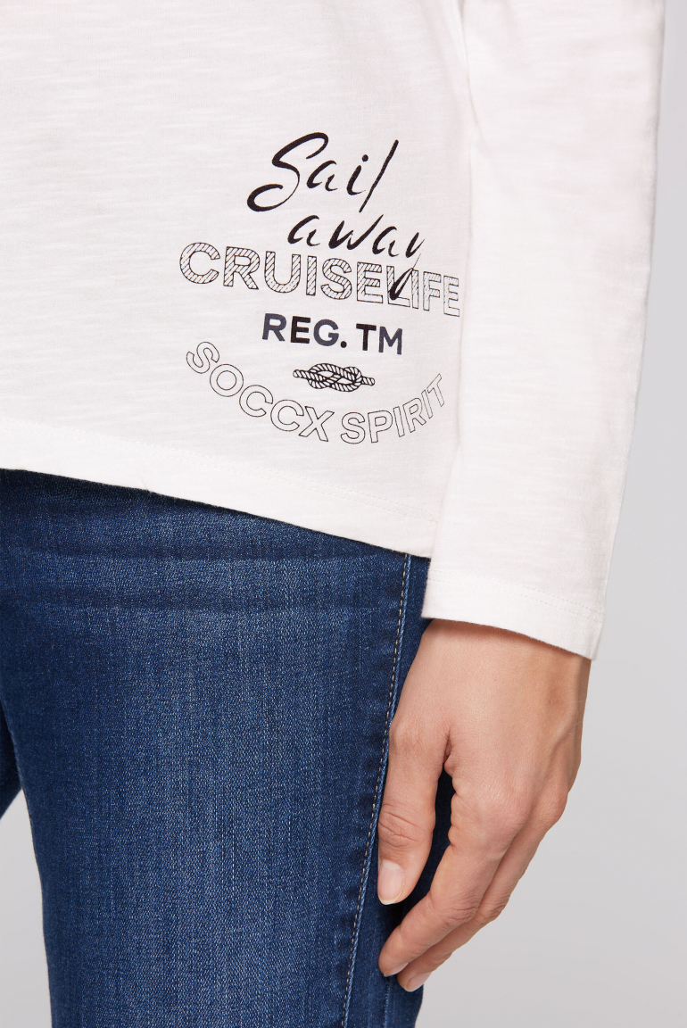 Tričko s dlouhým rukávem, výstřihem do V a potisky